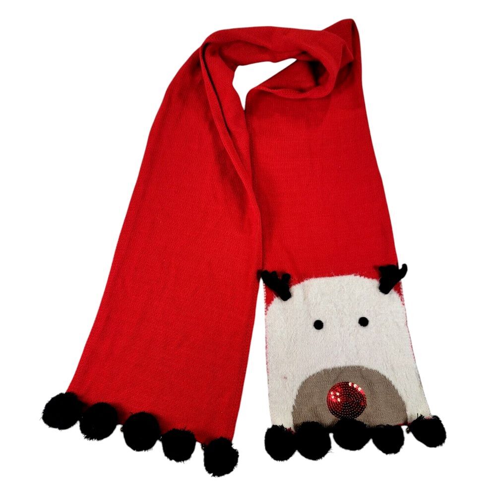 Christmas Red Rudolf Reindeer Scarf Wide Scarf Xmas Holiday Sequin Pom Pom Bells